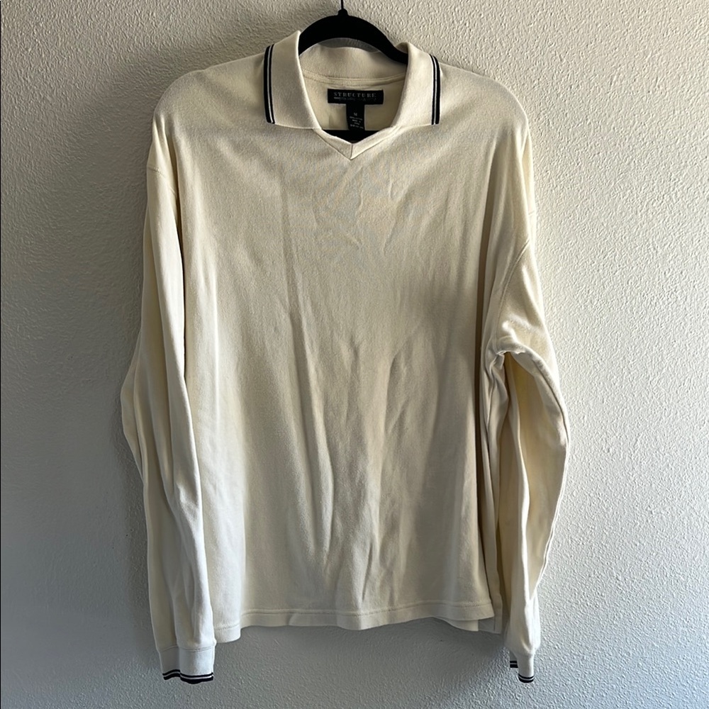 Vintage men’s collared v-neck long sleeve pullover, cream, oversized Medium
